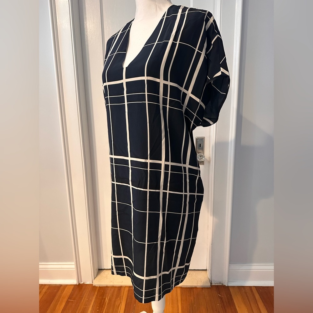 Vince Navy and White Grid Midi Dress